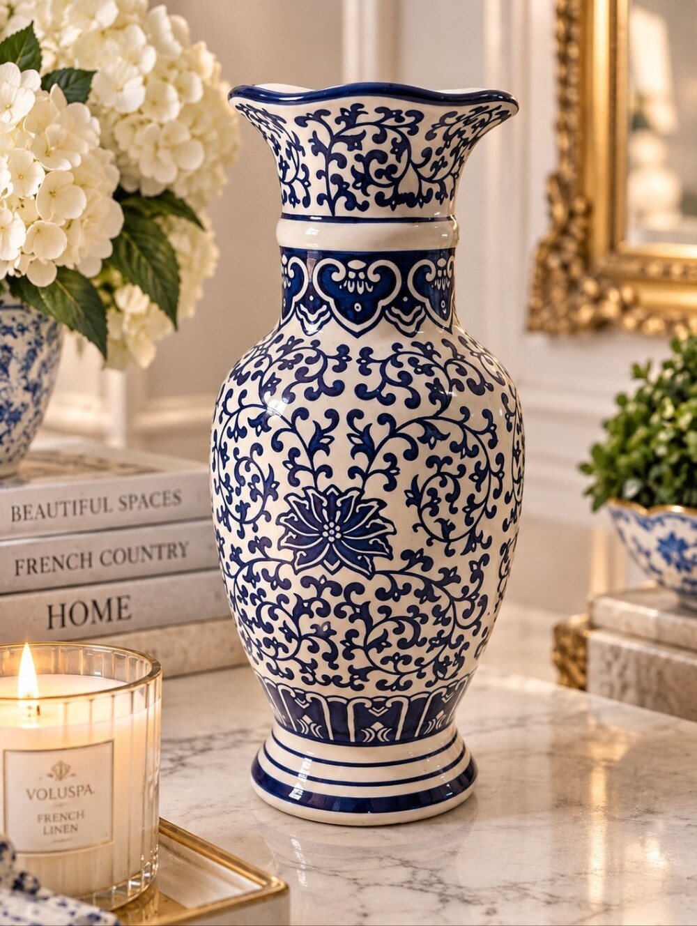 Apropos Blue White Chinoiserie Ceramic Vase |Scalloped Edge|French Country 13"
